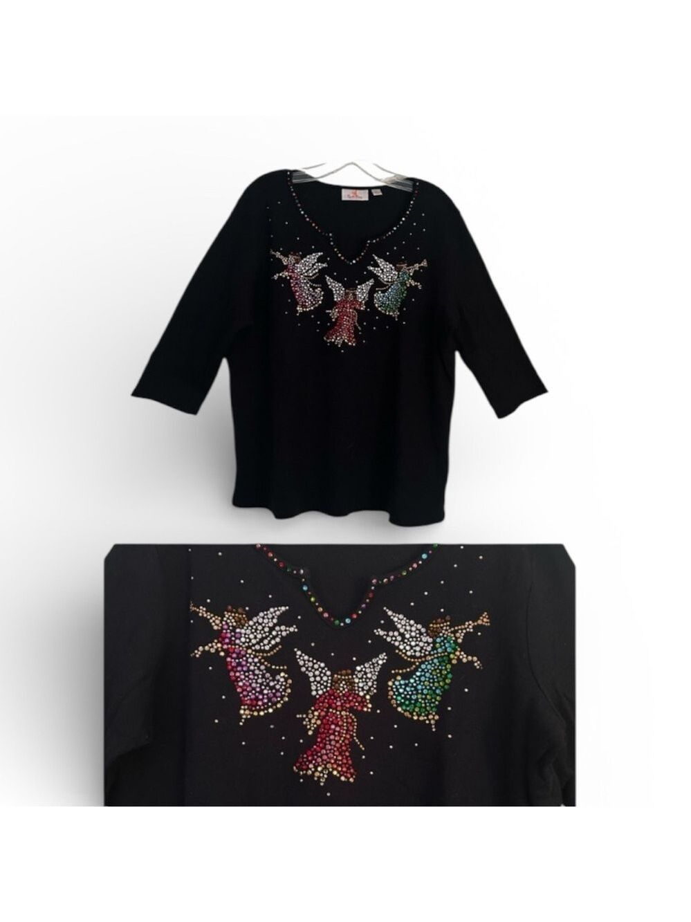 Quacker Factory Holiday Angel Trio  3/4 Sleeve Black Top w/Rhinestone Accents LG